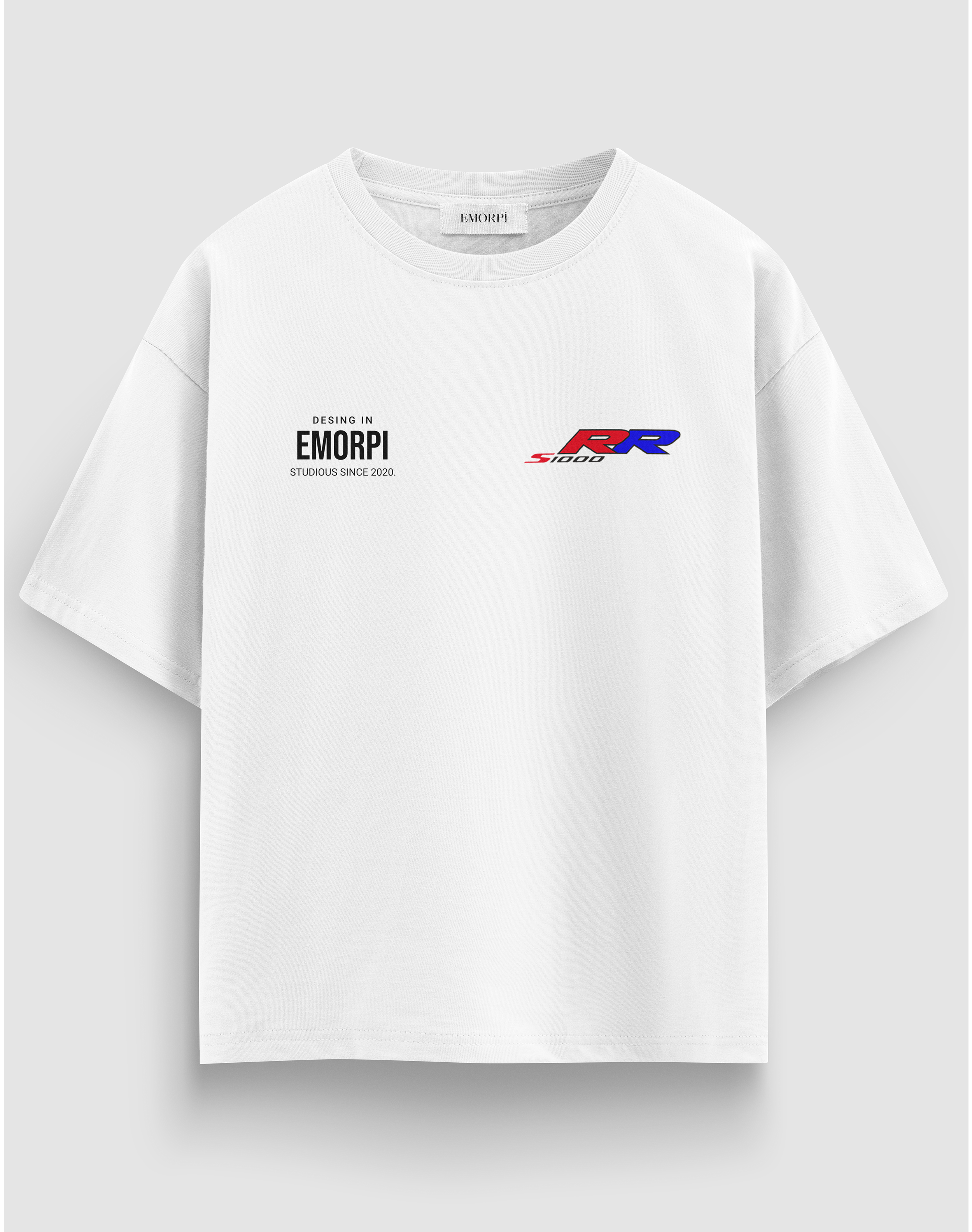 S1000RR baskılı motorcu tişört, beyaz, önden görünüm, göğüste Emorpi logosu